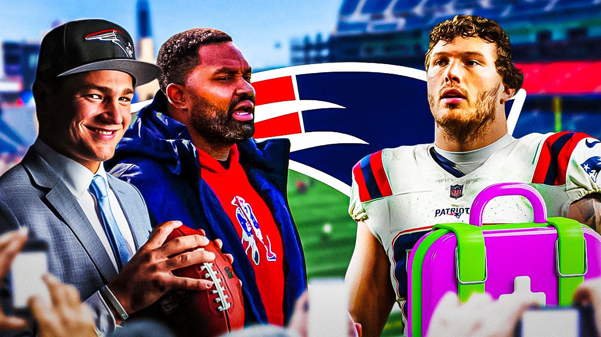 New England Patriots offensive lineman Cole Strange next to QB Drake Maye and head coach Jerod Mayo. There is an injury symbol next to Strange. There is also a logo for the New England Patriots.