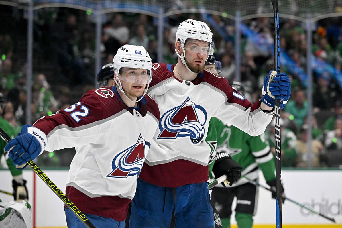 Colorado Avalanche left wing Artturi Lehkonen (62) and right wing Valeri Nichushkin (13) celebrates a goal scored by Nichushkin against the Dallas Stars during the third period in game two of the second round of the 2024 Stanley Cup Playoffs at American Airlines Center.