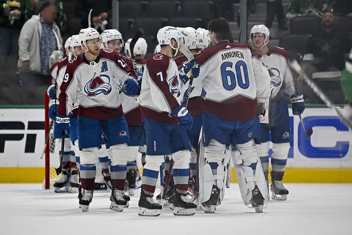 The Colorado Avalanche celebrate defeating the Dallas Stars in game five of the second round of the 2024 Stanley Cup Playoffs at American Airlines Center.