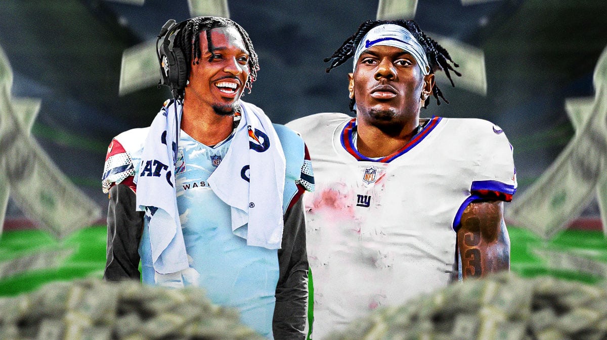 Photo: Jayden Daniels smiling in Commanders jersey, Malik Nabers smiling in NY Giants jersey, have some money flying around both of them