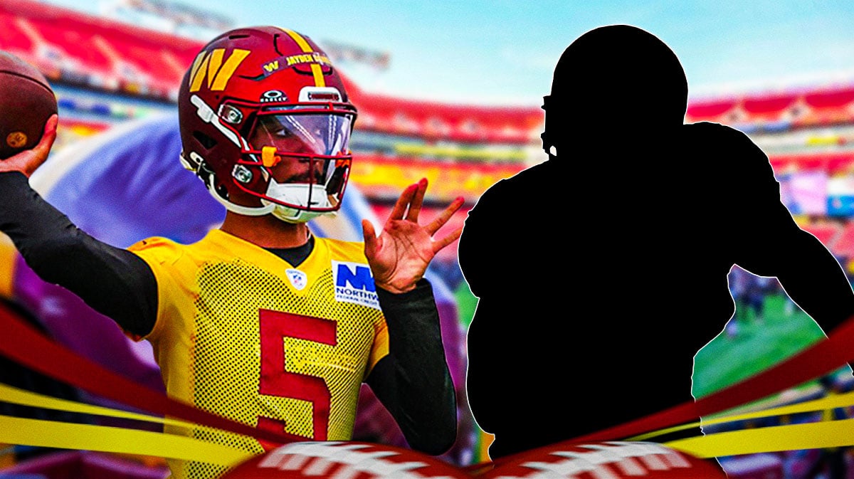 Commanders' Jayden Daniels and a silhouette of a player