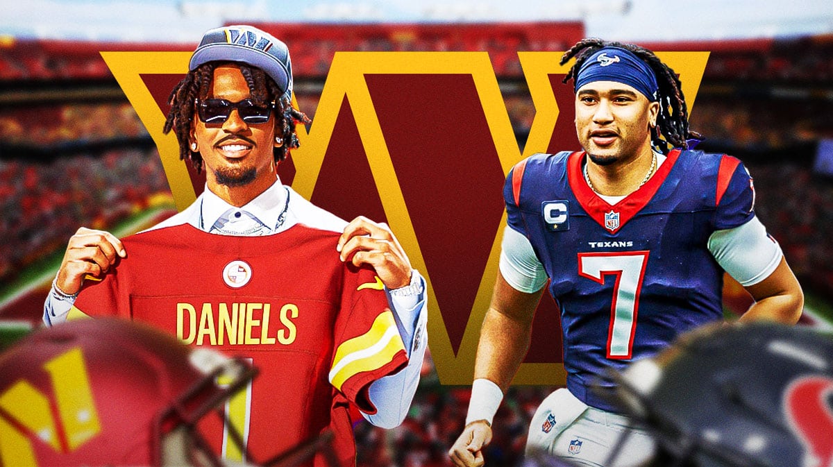 Washington Commanders QB Jayden Daniels next to Houston Texans QB C.J. Stroud. They are next to a logo for the Washington Commanders.