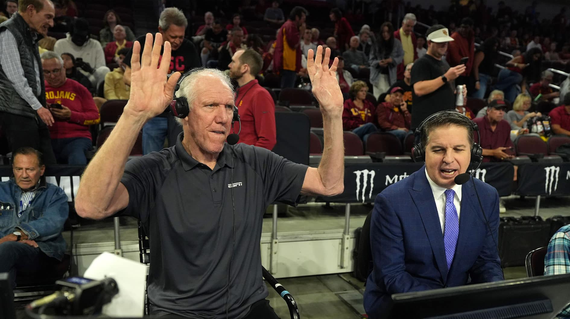Pac-12 Networks analyst Bill Walton (left) and play-by-play announcer Roxy Bernstein during the game between the Southern California Trojans and the UCLA Bruins at the Galen Center.
