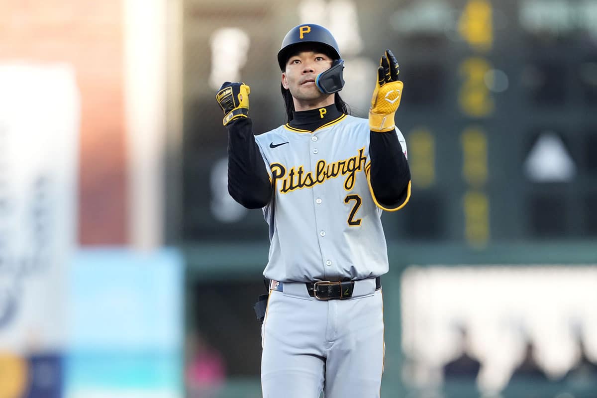 Pittsburgh Pirates right fielder Connor Joe (2) gestures after hitting a double against the San Francisco Giants during the fourth inning at Oracle Park.
