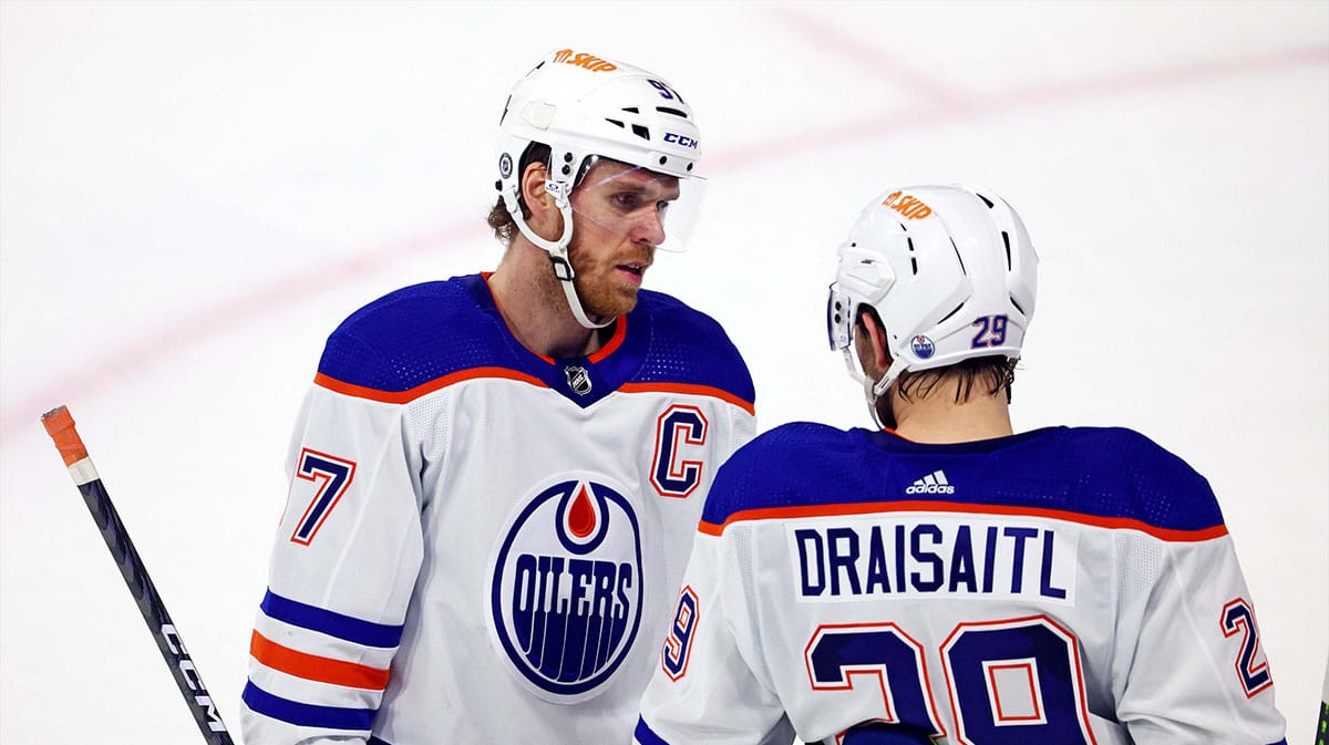 Edmonton Oilers center Connor McDavid (97) talks with center Leon Draisaitl (29) during the second period of the game against the Arizona Coyotes at Mullett Arena. 