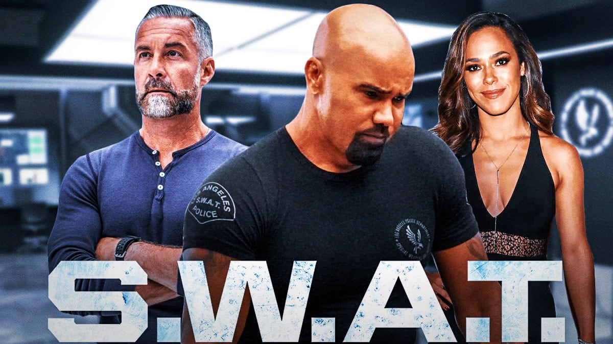 SWAT logo with Hondo (Shemar Moore), Jackie Vasquez (Jessica Lisa Camacho) and Deacon (Jay Harrington) at SWAT headquarters.
