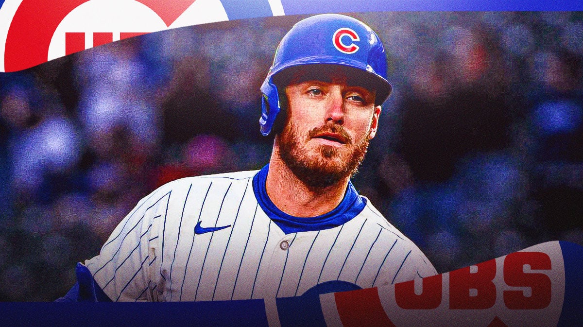 Cubs' Cody Bellinger with a Chicago Cubs logo in background.