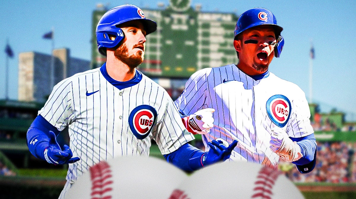 Photo: Cody Bellinger, Seiya Suzuki both in action in Cubs jerseys, Wrigley Field in background