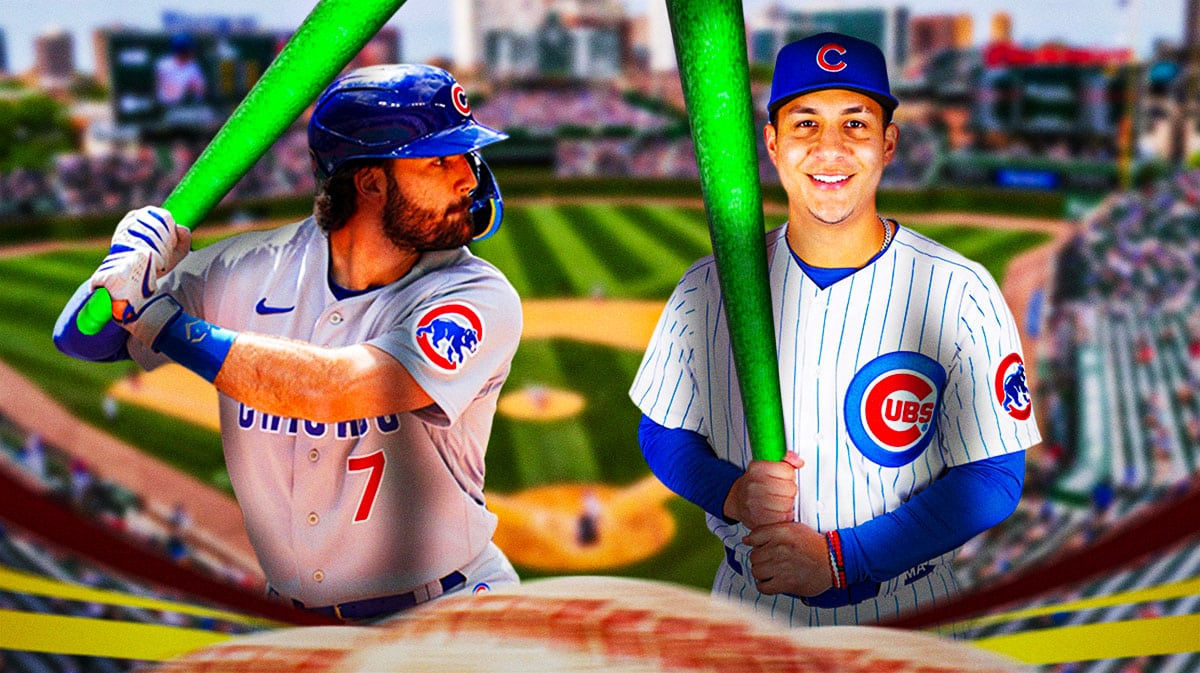 Cubs' Dansby Swanson and Miguel Amaya swinging pool noodles