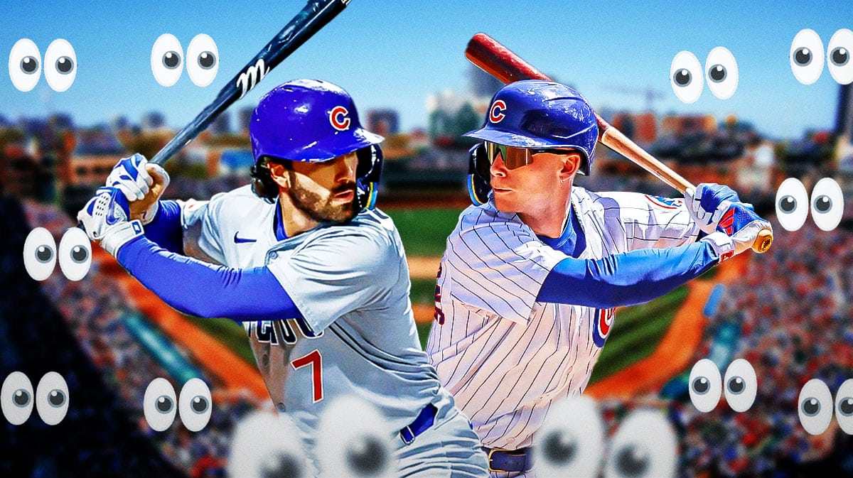 Cubs' Dansby Swanson on left swinging a baseball bat, Cubs' Pete Crow-Armstrong on right swinging a baseball bat. Place the eyes emoji all over the image looking at Swanson and Armstrong.