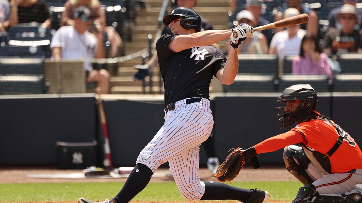 Mar 11, 2024; Tampa, Florida, USA; New York Yankees third baseman DJ LeMahieu (26) singles during the second inning against the Baltimore Orioles at George M. Steinbrenner Field.