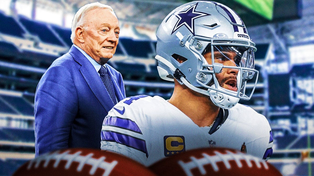 Dak Prescott and Jerry Jones with AT&T Stadium in background