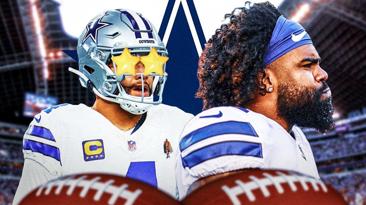 Cowboys Dak Prescott with stars in his eyes looking at Ezekiel Elliott