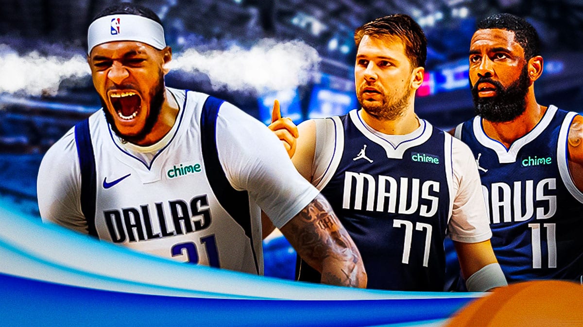 Mavericks' Daniel Gafford with smoke coming out of ears in front. Mavericks' Luka Doncic, Mavericks' Kyrie Irving looking serious in background.