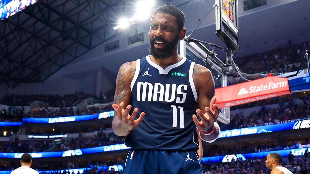 Dallas Mavericks guard Kyrie Irving (11) reacts during the second half against the LA Clippers during game four of the first round for the 2024 NBA playoffs at American Airlines Center. 