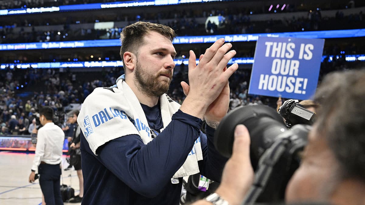 May 26, 2024; Dallas, Texas, USA; Dallas Mavericks guard Luka Doncic (77) celebrates after the win against the Minnesota Timberwolves in game three of the western conference finals for the 2024 NBA playoffs at American Airlines Center. Mandatory Credit: Jerome Miron-USA TODAY Sport
