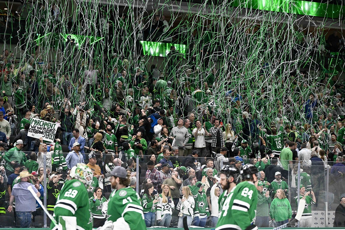 A view of the confetti as the Dallas Stars fans celebrate the Stars victory over the Colorado Avalanche in game two of the second round of the 2024 Stanley Cup Playoffs at American Airlines Center.