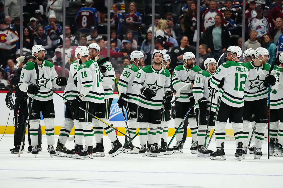 Members of the Dallas Stars following a double overtime period win against the Colorado Avalanche in game six of the second round of the 2024 Stanley Cup Playoffs at Ball Arena.
