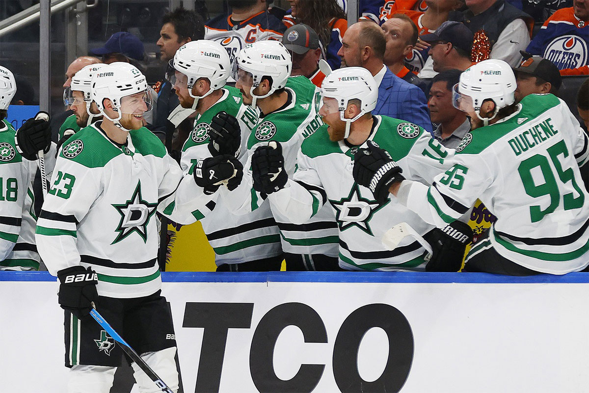 The Dallas Stars celebrate a goal by defensemen Esa Lindell (23) during the first period against the Edmonton Oilers in game four of the Western Conference Final of the 2024 Stanley Cup Playoffs at Rogers Place.