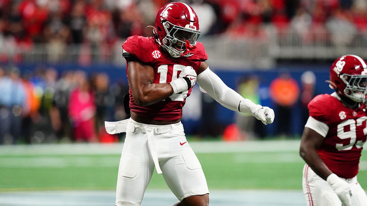 Alabama Crimson Tide linebacker Dallas Turner (15) celebrates after a sack in the second quarter against the Georgia Bulldogs in the SEC Championship at Mercedes-Benz Stadium