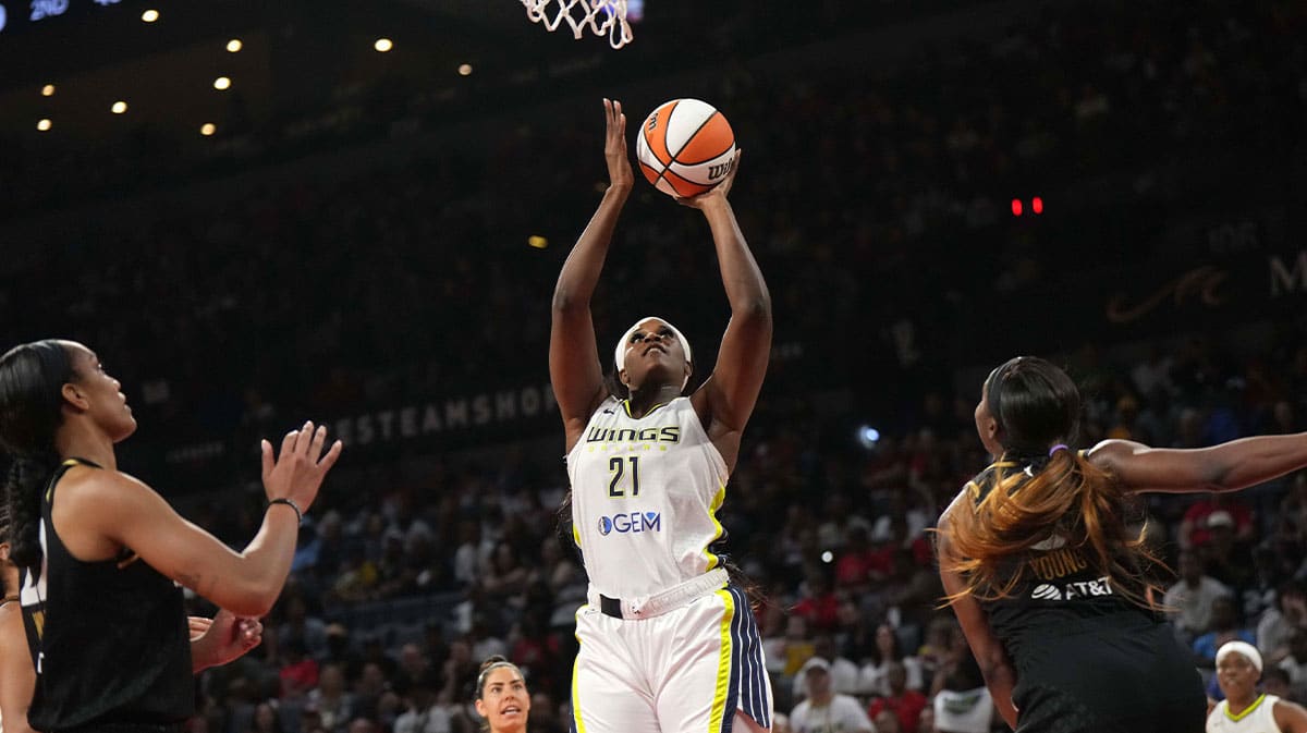 Dallas Wings center Kalani Brown (21) shoots the ball against the Las Vegas Aces during game one of the 2023 WNBA Semifinals at Michelob Ultra Arena. The Aces defeated the Wings 97-83. 