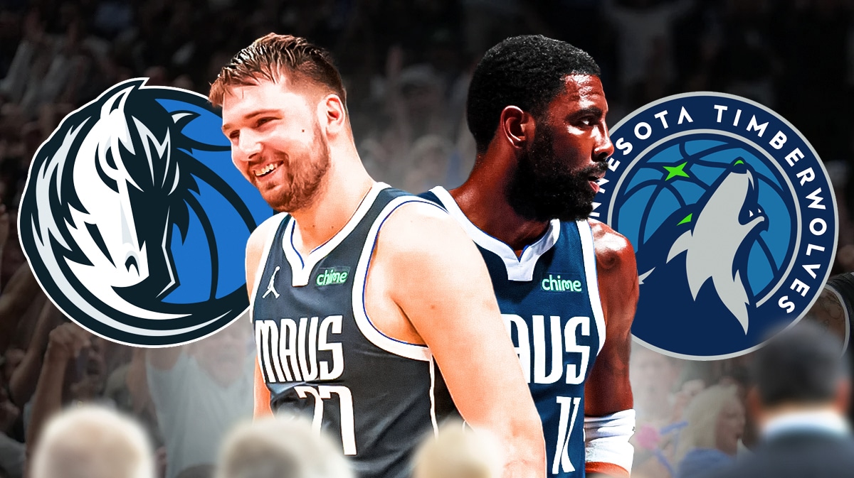 Mavericks' Luka Doncic stands across from Timberwolves logo, Anthony Edwards