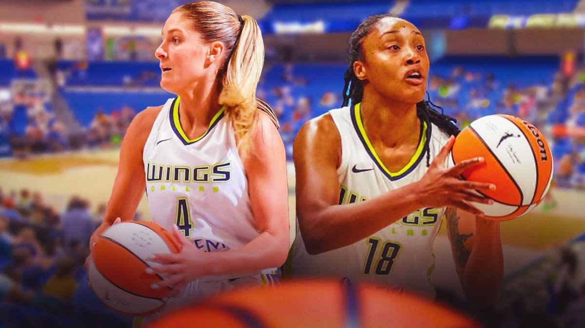 Jacy Sheldon and Jaelyn Brown both in Dallas Wings jerseys shooting basketballs.