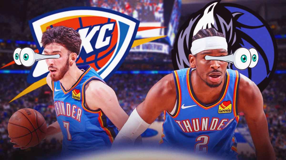 Thunder's Shai Gilgeous-Alexander, Thunder's Chet Holmgren both looking concerned with eyes popping out. Place the Dallas Mavericks' 2024 logo and Oklahoma City Thunder's 2024 logo in background.