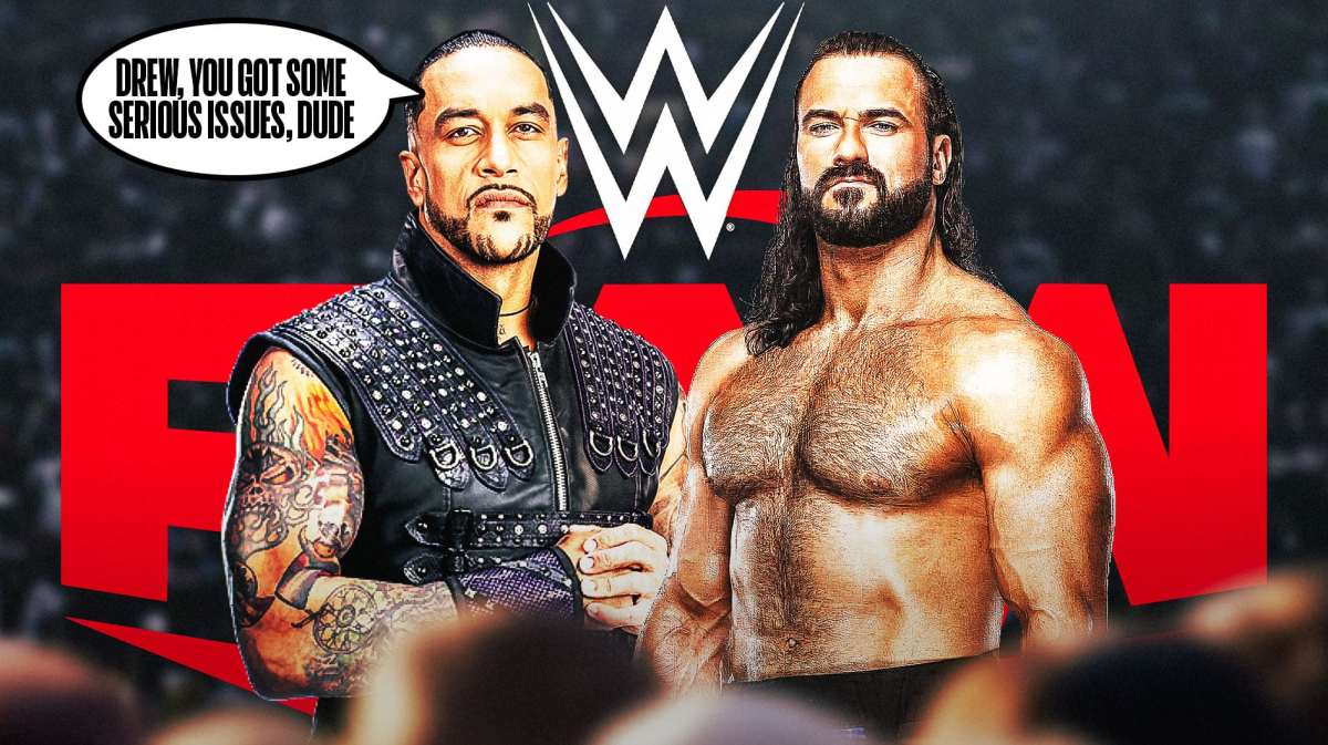 Damian Priest with a text bubble reading "Drew, you got some serious issues, dude" next to Drew McIntyre with the RAW logo as the background.