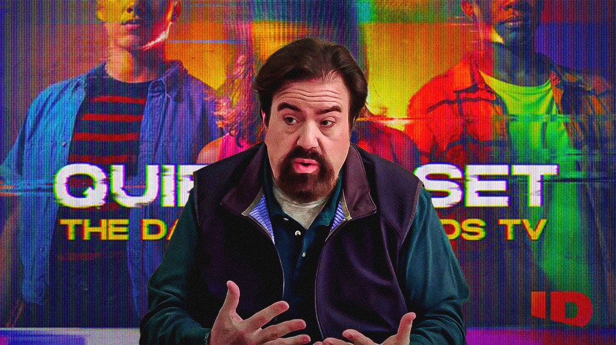 Dan Schneider, with Quiet on Set docuseries poster in the background