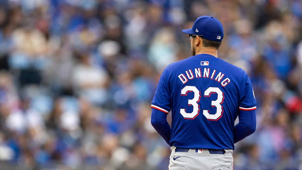 Texas Rangers pitcher Dane Dunning (33) on the mound during the first inning against the Kansas City Royals at Kauffman Stadium.