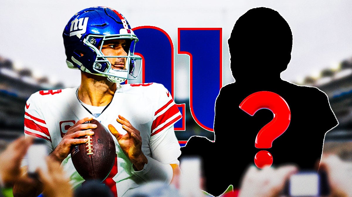 New York Giants QB Daniel Jones with a silhouette of an American football player with a big question mark inside. There is also a logo for the New York Giants.