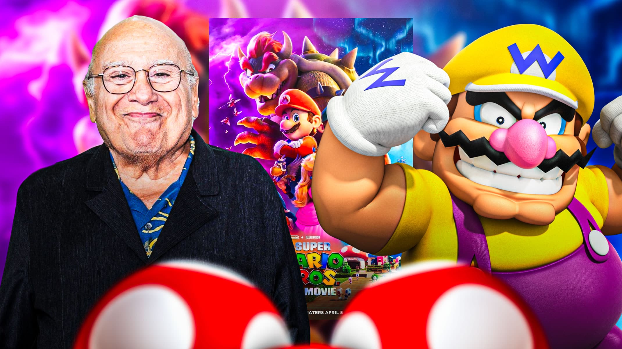 Danny DeVito with Wario and The Super Mario Bros Movie poster.