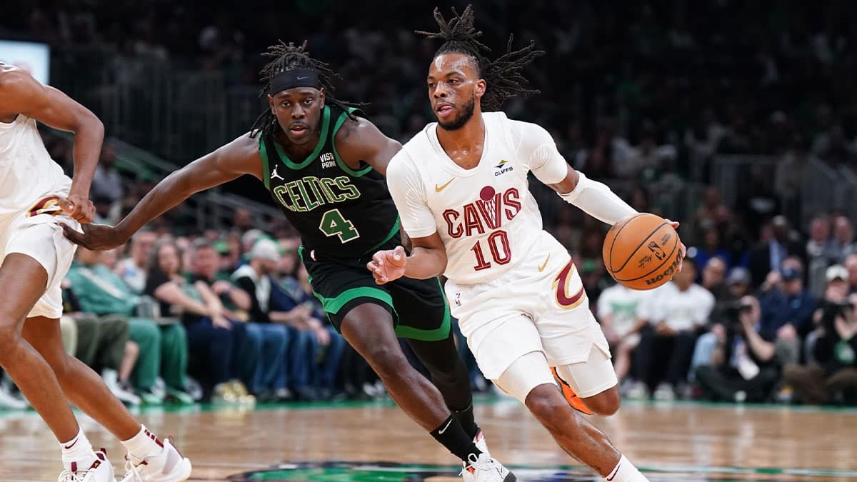 May 15, 2024; Boston, Massachusetts, USA; Cleveland Cavaliers guard Darius Garland (10) drives the ball against Boston Celtics guard Jrue Holiday (4) in the first quarter during game five of the second round for the 2024 NBA playoffs at TD Garden.