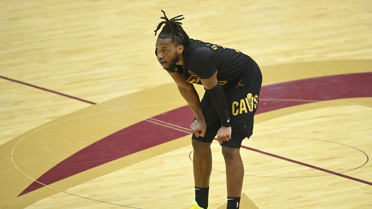 Cleveland Cavaliers guard Darius Garland (10) stands on the court in the fourth quarter against the New York Knicks at Rocket Mortgage FieldHouse.