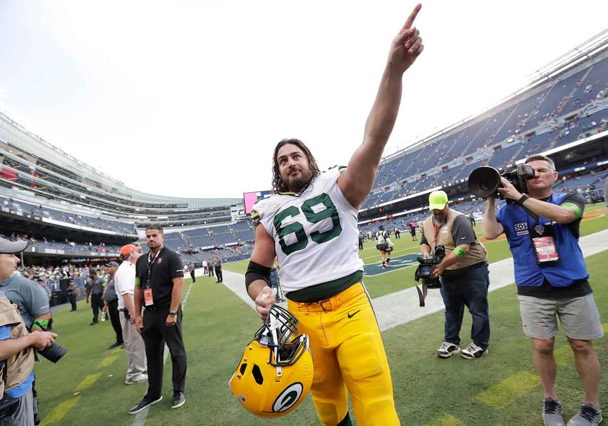 Green Bay Packers offensive tackle David Bakhtiari (69) celebrates a victory against the Chicago Bears during their football game Sunday, September 10, 2023, at Soldier Field in Chicago, Ill. Green Bay won 38-20.