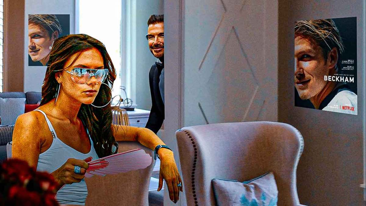 Victoria Beckham sitting on a couch, David Beckham behind a door, Beckham Netflix docuseries poster