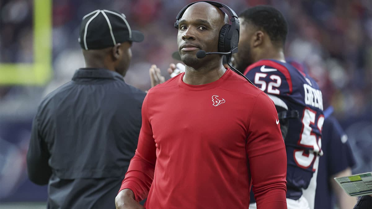 Houston Texans head coach DeMeco Ryans in a 2024 AFC wild card game against the Cleveland Browns at NRG Stadium.
