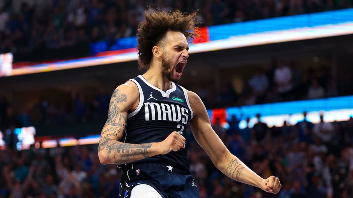 Dallas Mavericks center Dereck Lively II (2) reacts after dunking during the first half against the LA Clippers during game four of the first round for the 2024 NBA playoffs at American Airlines Center. 