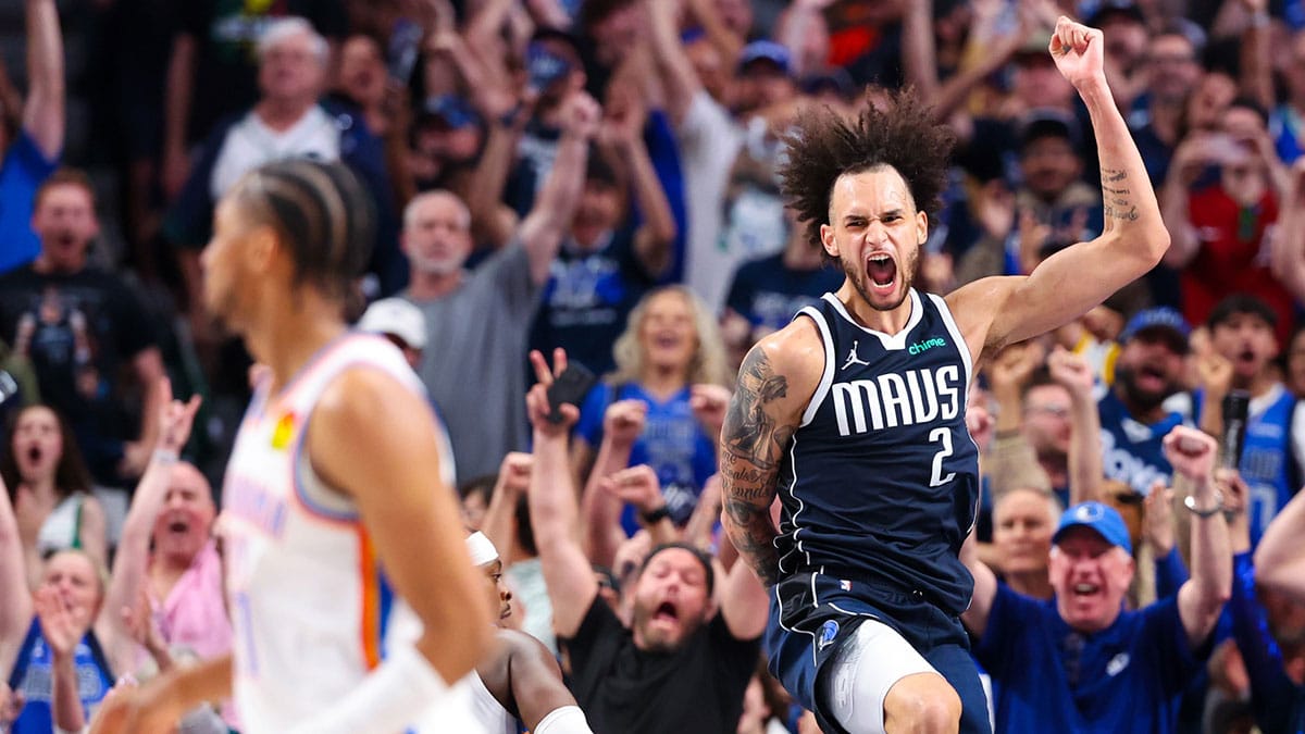 Dallas Mavericks center Dereck Lively II (2) reacts after dunking during the second half against the Oklahoma City Thunder during game three of the second round for the 2024 NBA playoffs at American Airlines Center.