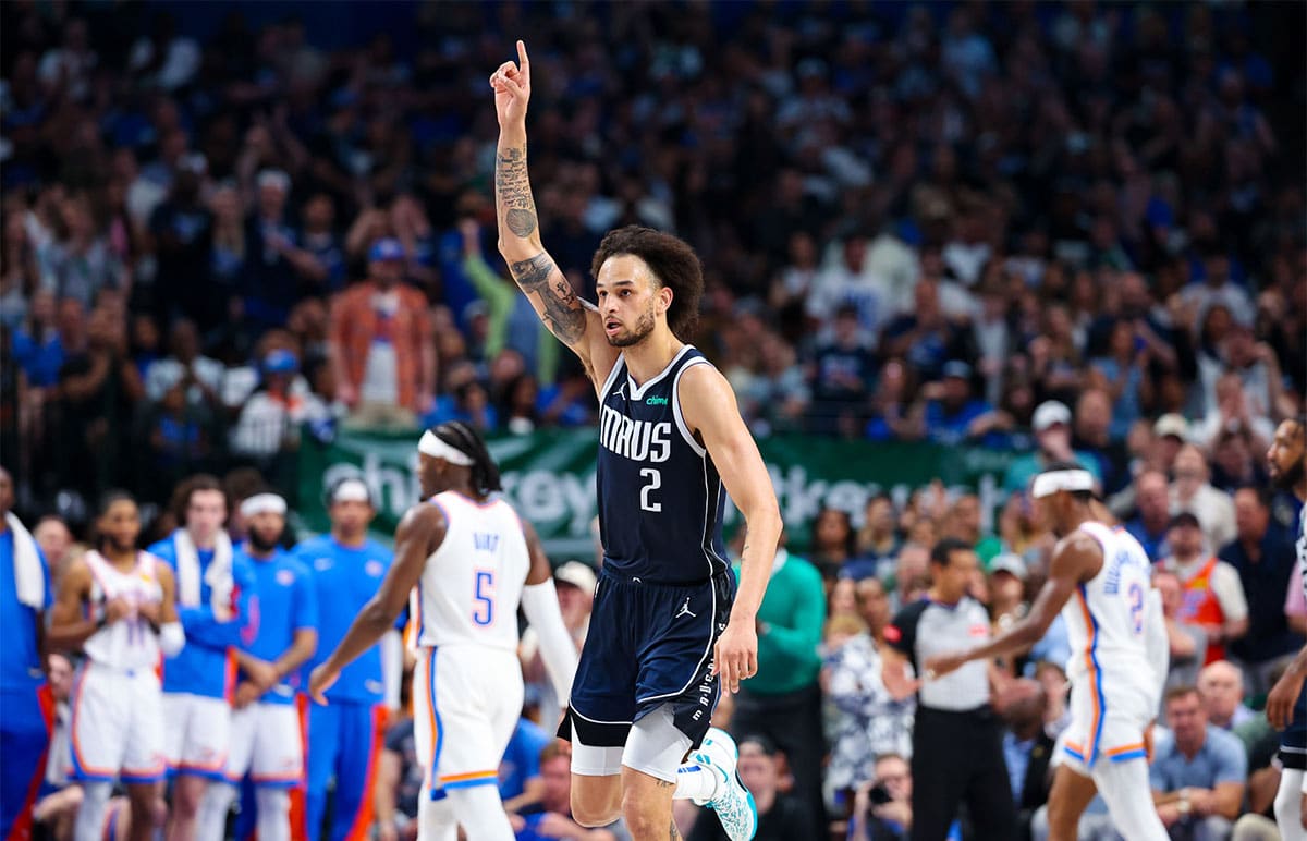 Dallas Mavericks center Dereck Lively II (2) reacts after scoring during the second half against the Oklahoma City Thunder during game three of the second round for the 2024 NBA playoffs at American Airlines Center.