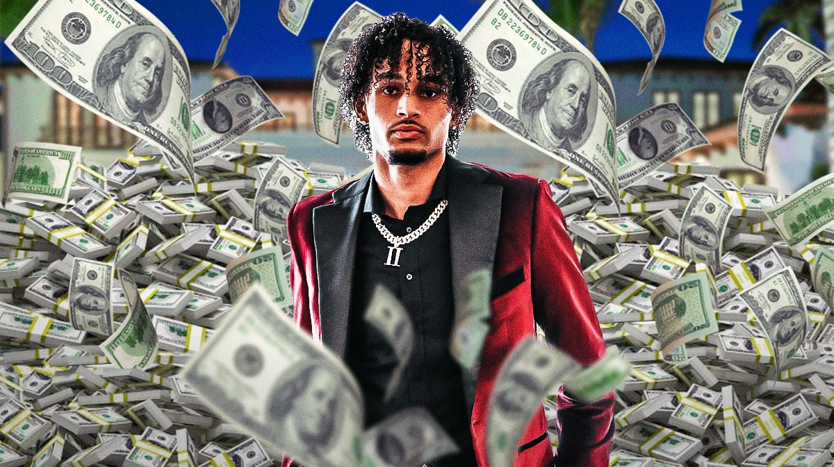 Dereck Lively II surrounded by piles of cash.