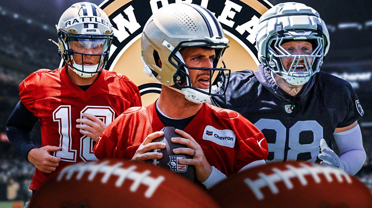 New Orleans Saints QB Derek Carr with rookie QB Spencer Rattler and Las Vegas Raiders defensive end Maxx Crosby. There is also a logo for the New Orleans Saints.