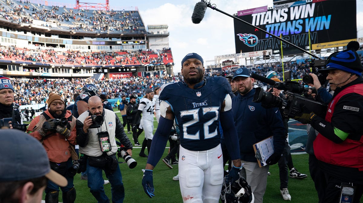 Tennessee Titans running back Derrick Henry (22) heads off the field after possibly his last game as a Titans player after their game at Nissan Stadium in Nashville, Tenn., Sunday, Jan. 7, 2024.