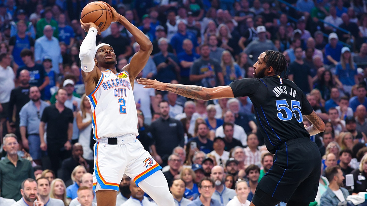 Oklahoma City Thunder guard Shai Gilgeous-Alexander (2) shoots over Dallas Mavericks forward Derrick Jones Jr. (55) during the first quarter in game six of the second round of the 2024 NBA playoffs at American Airlines Center.