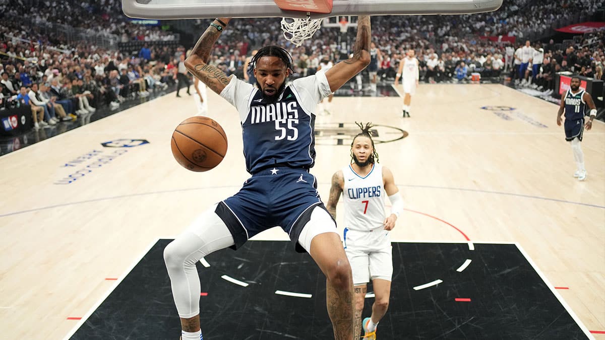 Dallas Mavericks forward Derrick Jones Jr. (55) dunks the ball in the first half against the LA Clippers during game five of the first round for the 2024 NBA playoffs at Crypto.com Arena. 