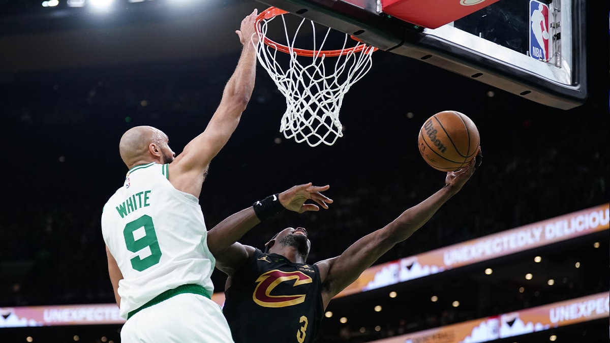  Cleveland Cavaliers guard Caris LeVert (3) shoots against Boston Celtics guard Derrick White (9)