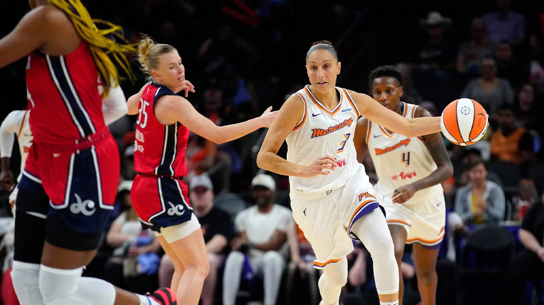 Mercury guard Diana Taurasi drives up the court past Mystics guard Julie Vanloo (32) during a game at the Footprint Center in Phoenix at Thursday, May 23, 2024.