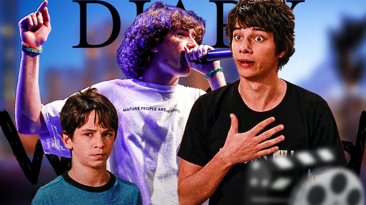 Diary of a Wimpy Kid logo and stars Zachary Gordon as Greg Heffley and Devon Bostick as Rodrick Heffley with Baylen Levine.