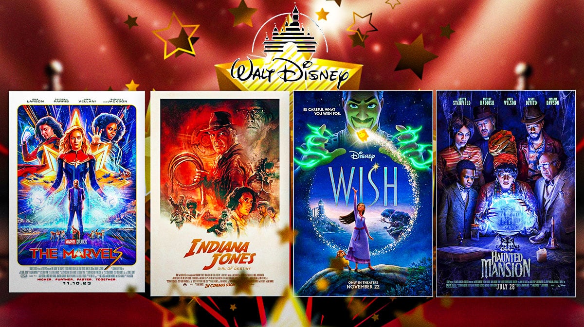 Disney logo with box office flops The Marvels, Indiana Jones and the Dial of Destiny, Wish, and Haunted Mansion.